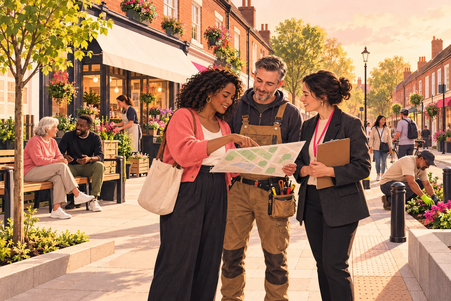 A vision of neighbours and local tradespeople planning a neighbourhood improvement